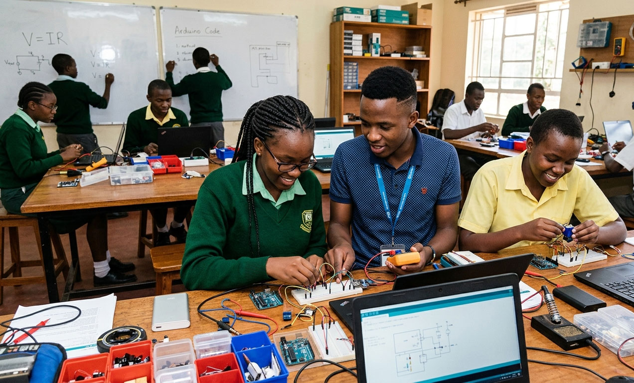 Students presenting STEM projects at a school exhibition